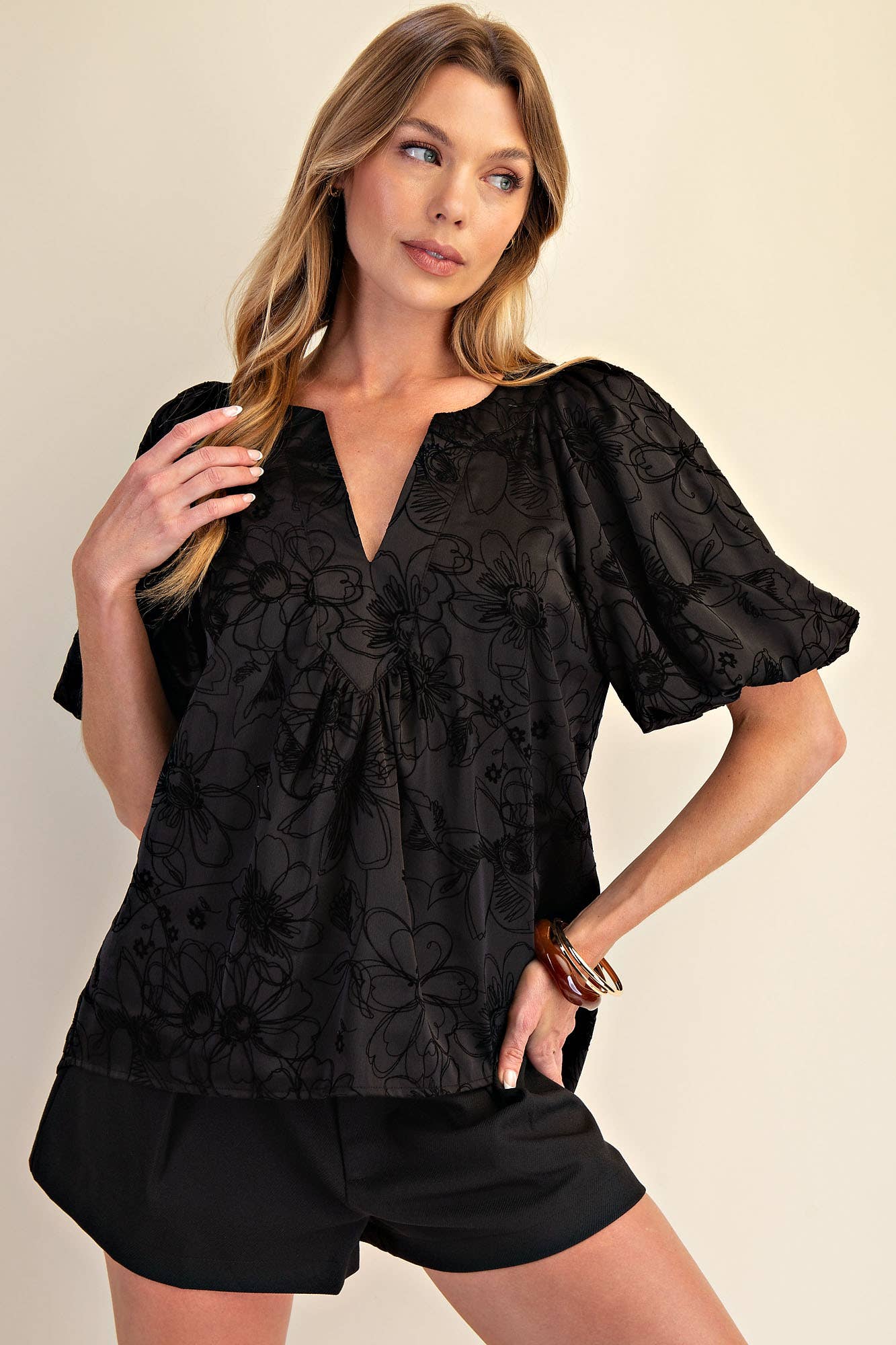 V-Neck Stitch Placket Puff Sleeve Top