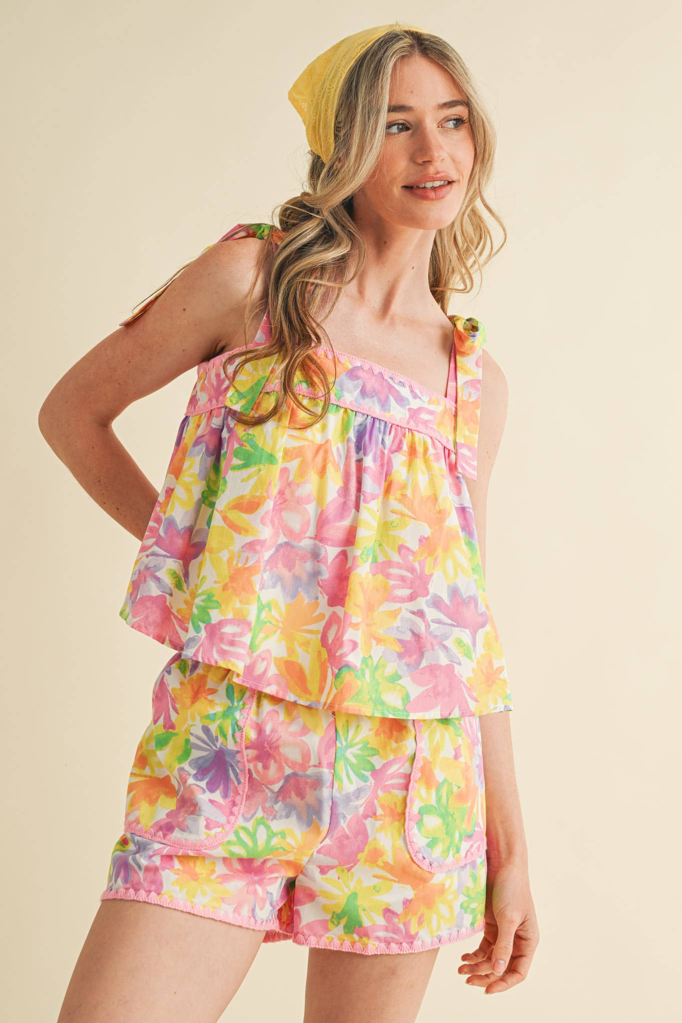 EXCLUSIVE PRT FLORAL TIE SHOULDR TOP AND SHORTS SET MPST4095