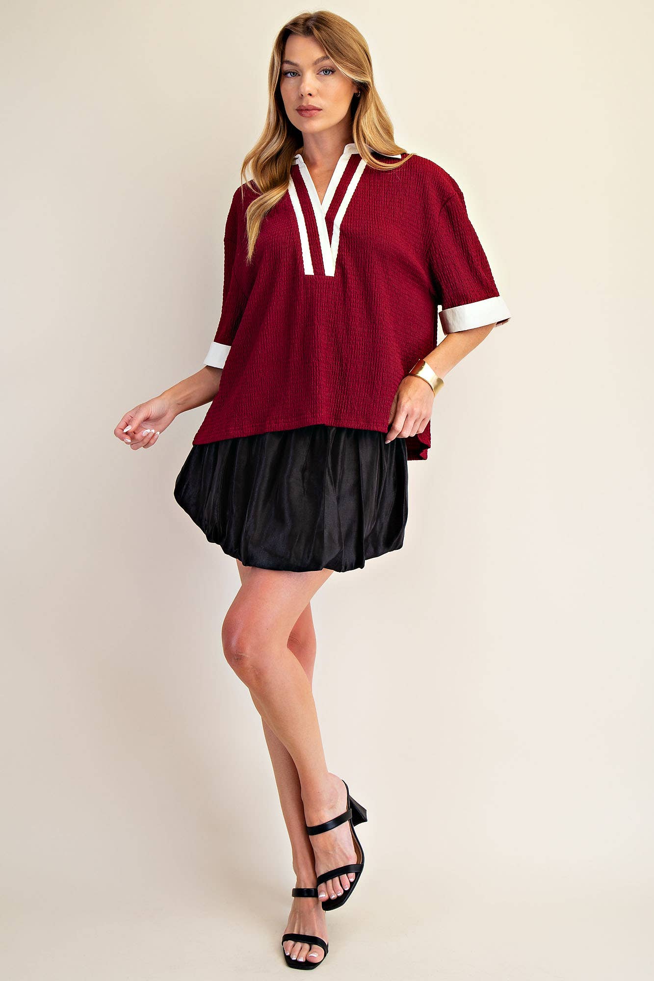 Collar V-Neck Short Sleeve Top