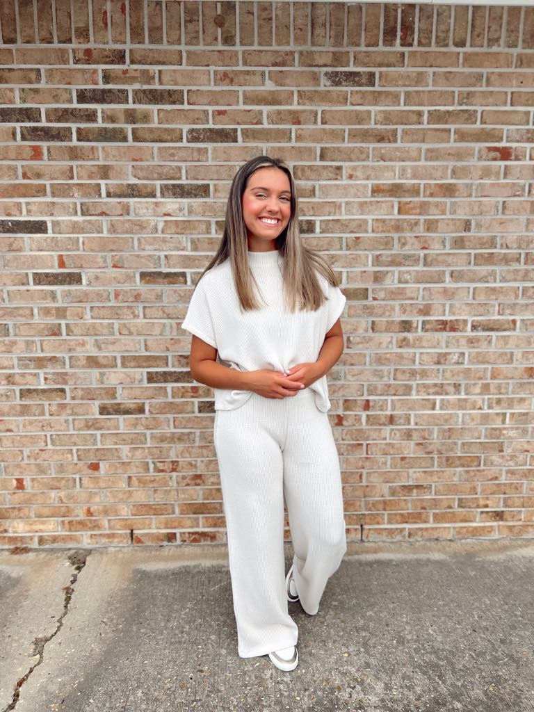 Sand Beige Sweater Boxy Top & Long Pants Set