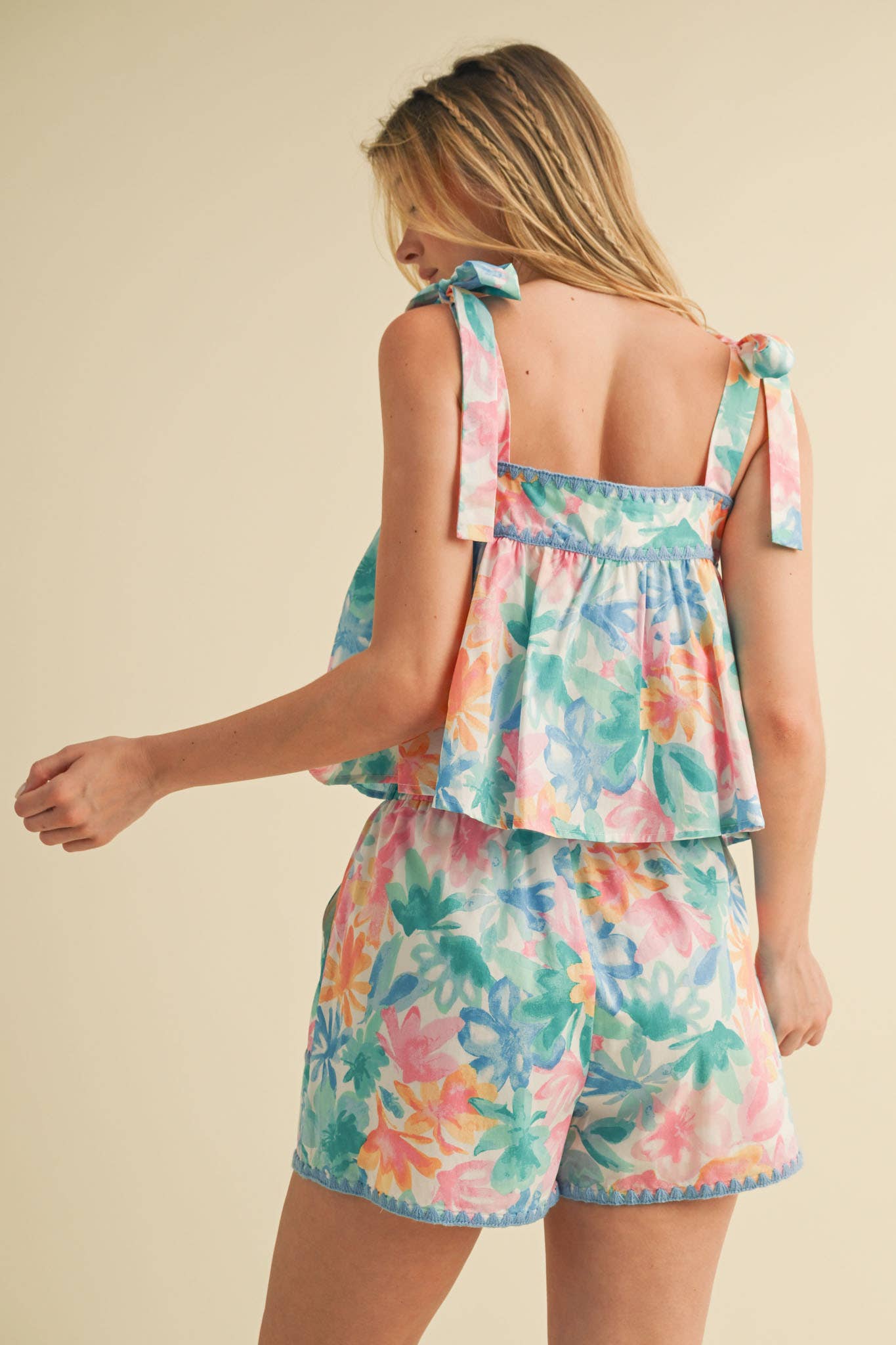 EXCLUSIVE PRT FLORAL TIE SHOULDR TOP AND SHORTS SET MPST4095