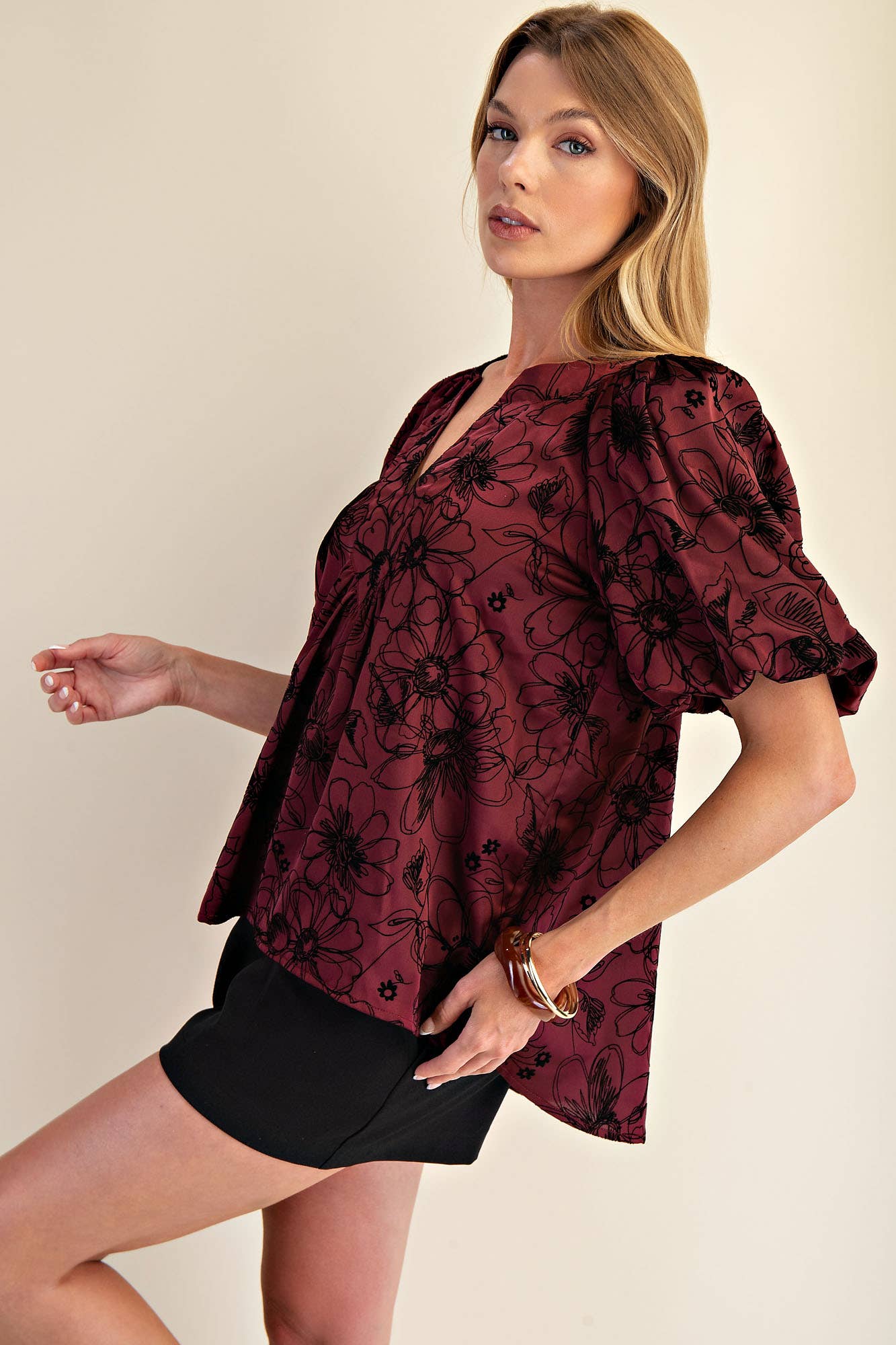 V-Neck Stitch Placket Puff Sleeve Top