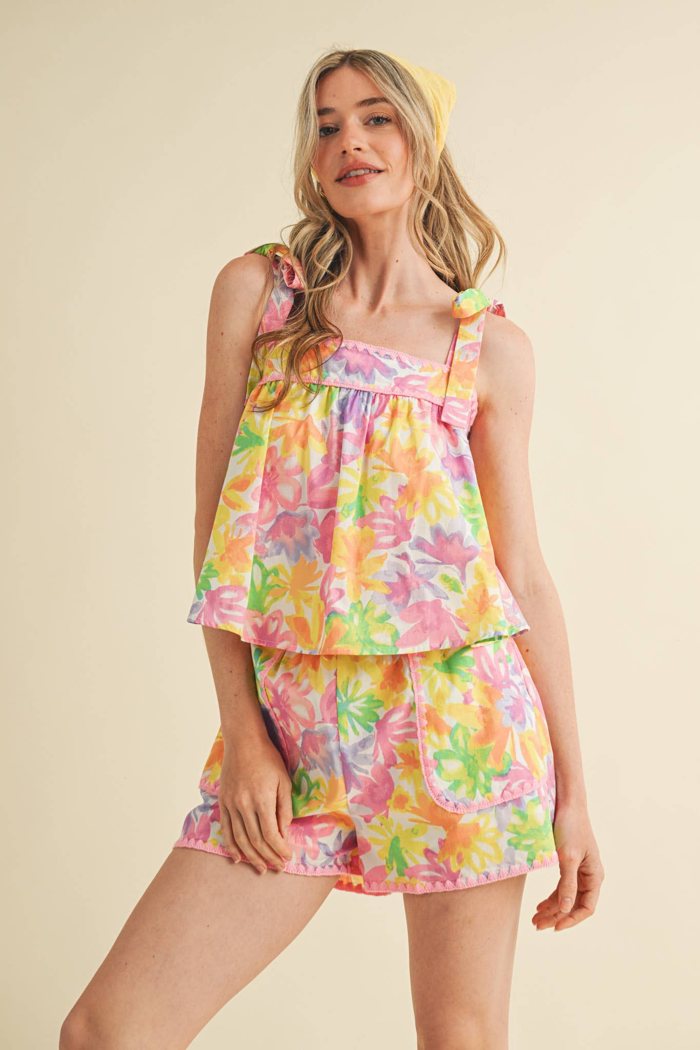 EXCLUSIVE PRT FLORAL TIE SHOULDR TOP AND SHORTS SET MPST4095