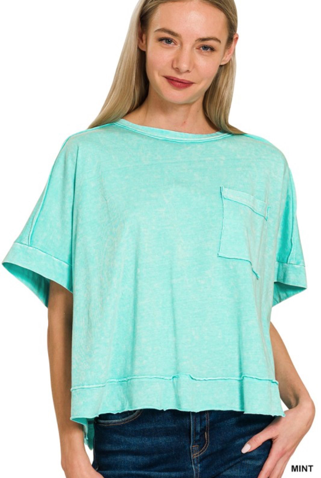 Mint acid washed crop boxed