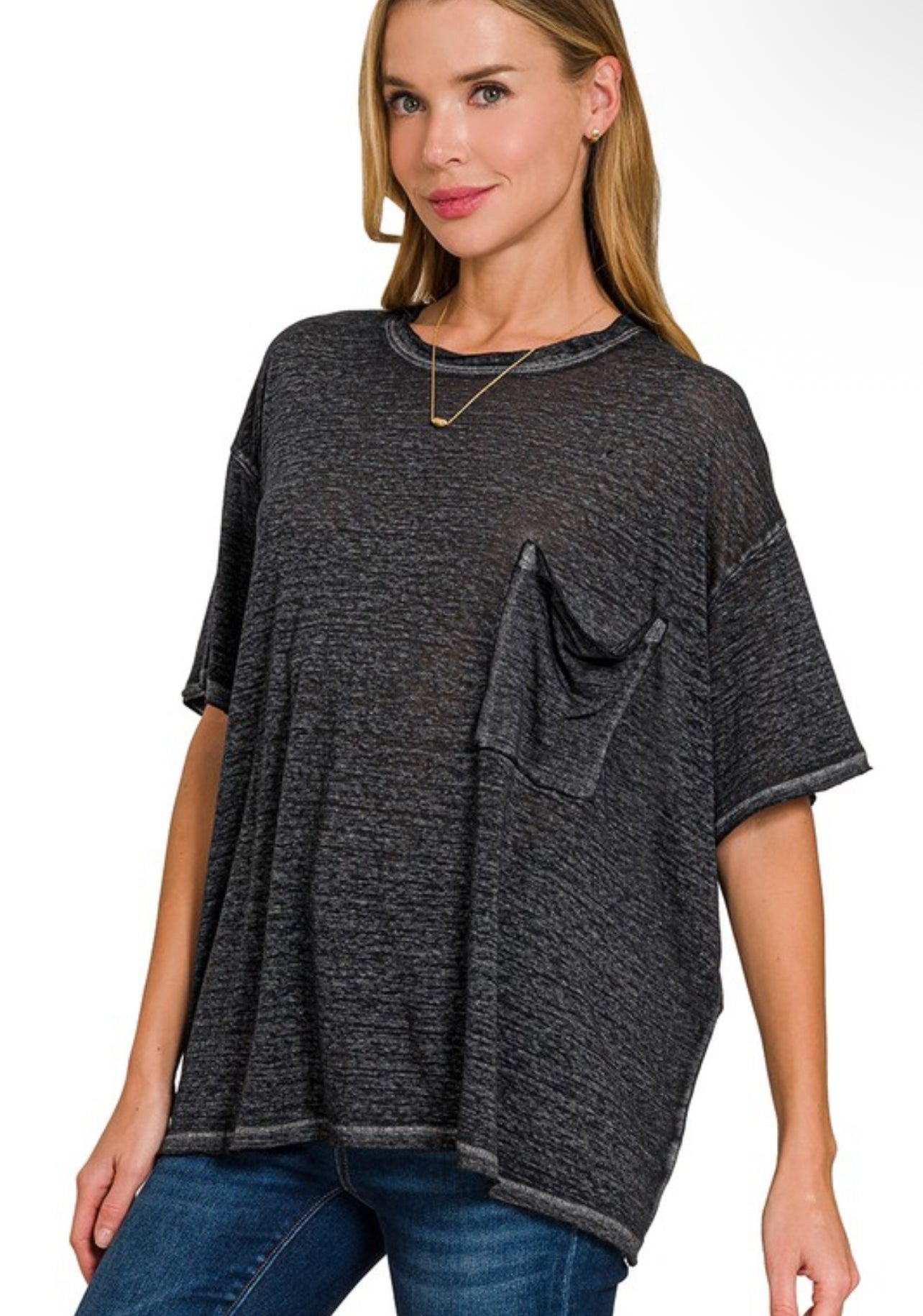Ash Black Oversized Washed Melange Burnout Raw Edge Tee