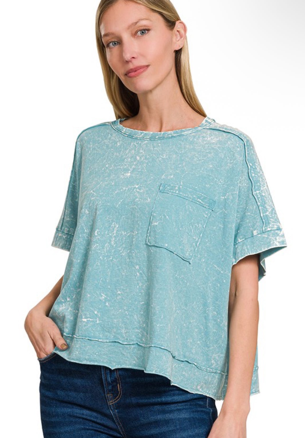 Dusty Teal Acid Crinkle-washed Oversized Crop Box Tee