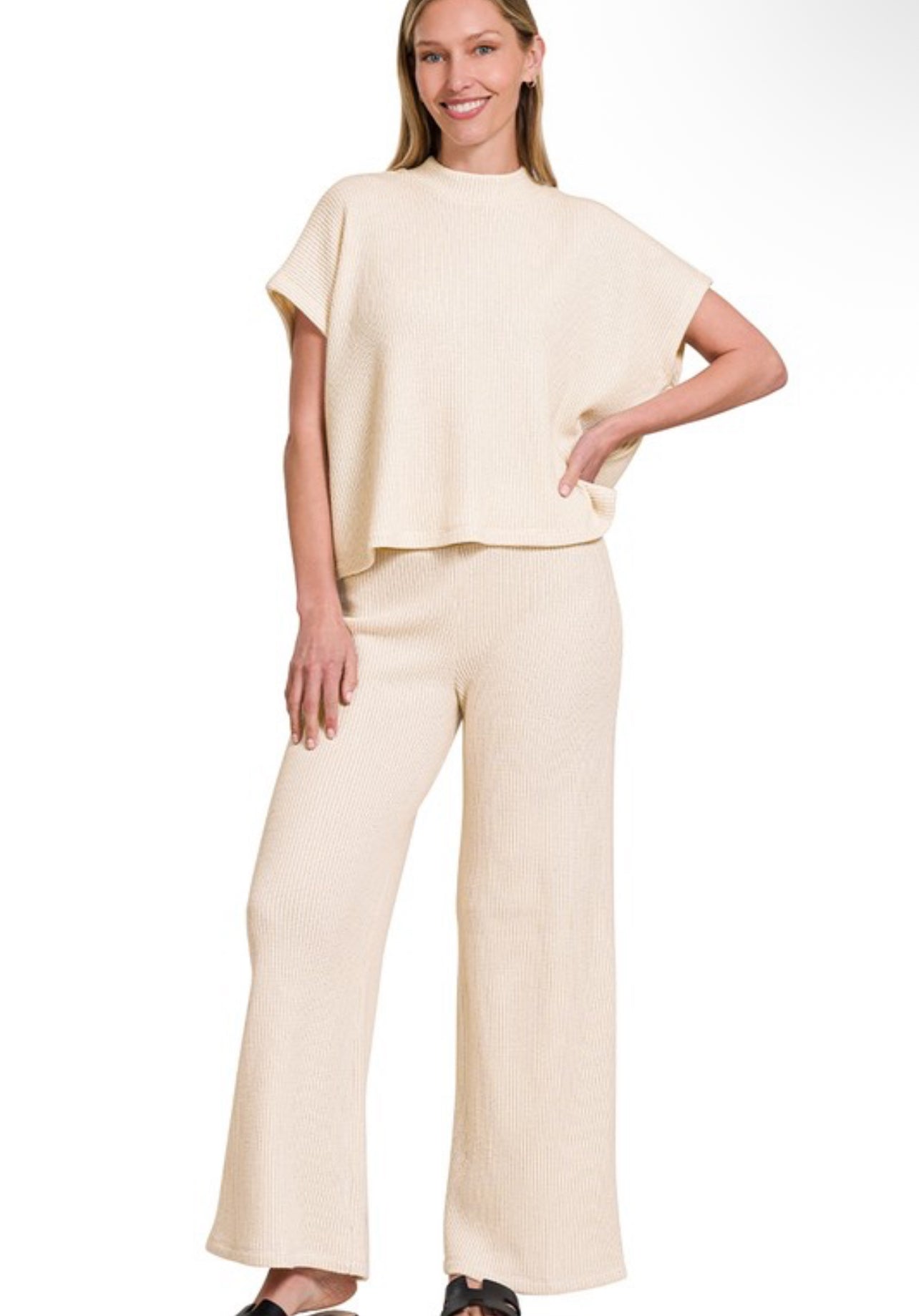 Sand Beige Sweater Boxy Top & Long Pants Set