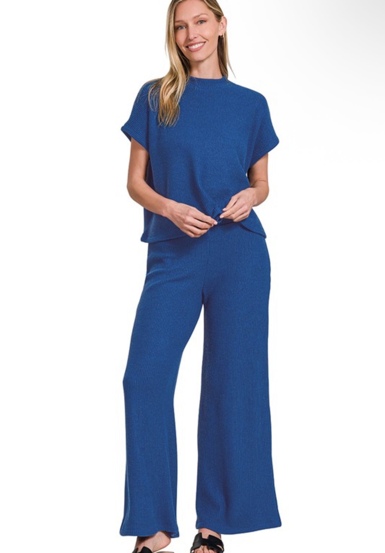 Teal Navy Sweater Boxy Top & Long Pants Set