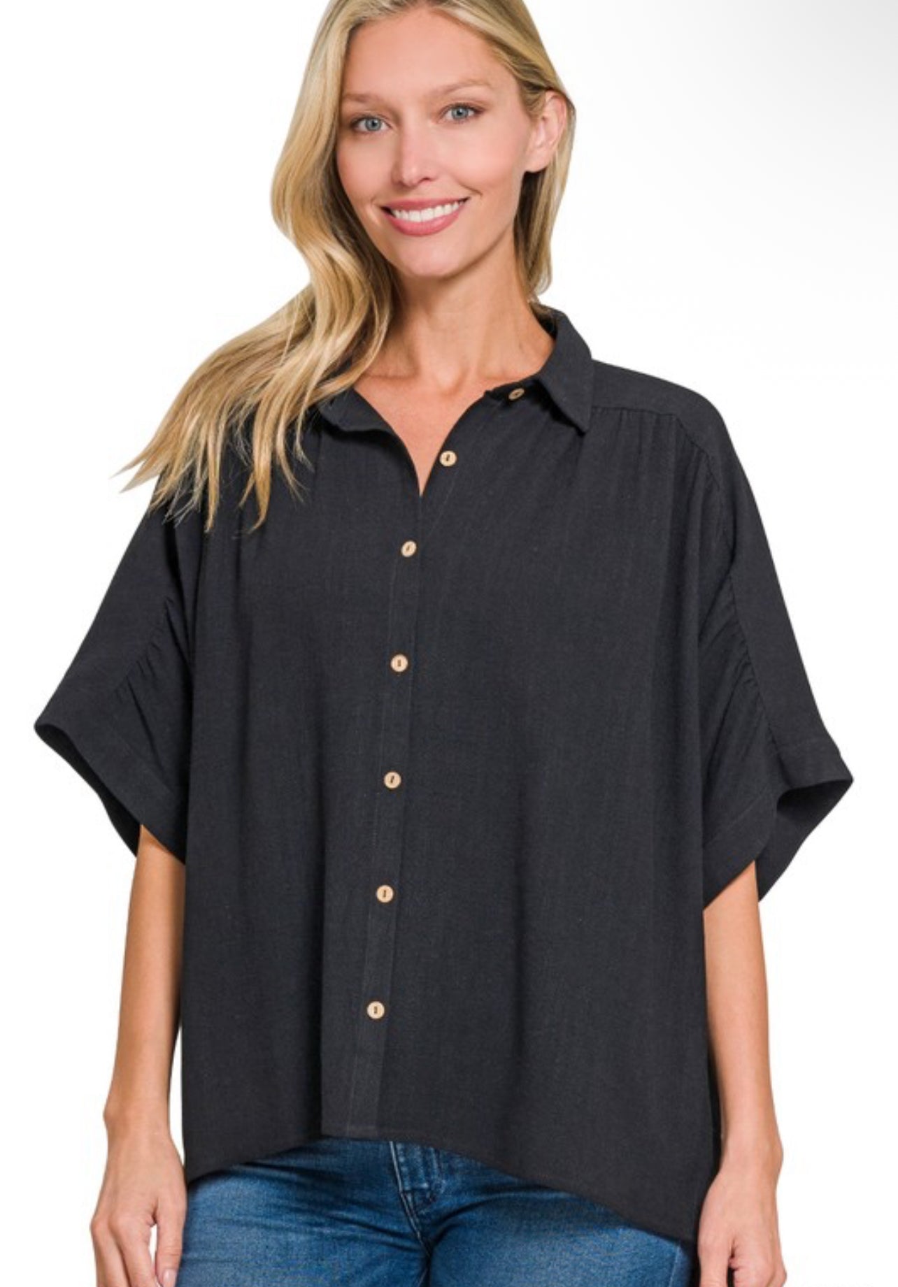Linen Cruched Seam Cuffed Sleeve Button Down Top