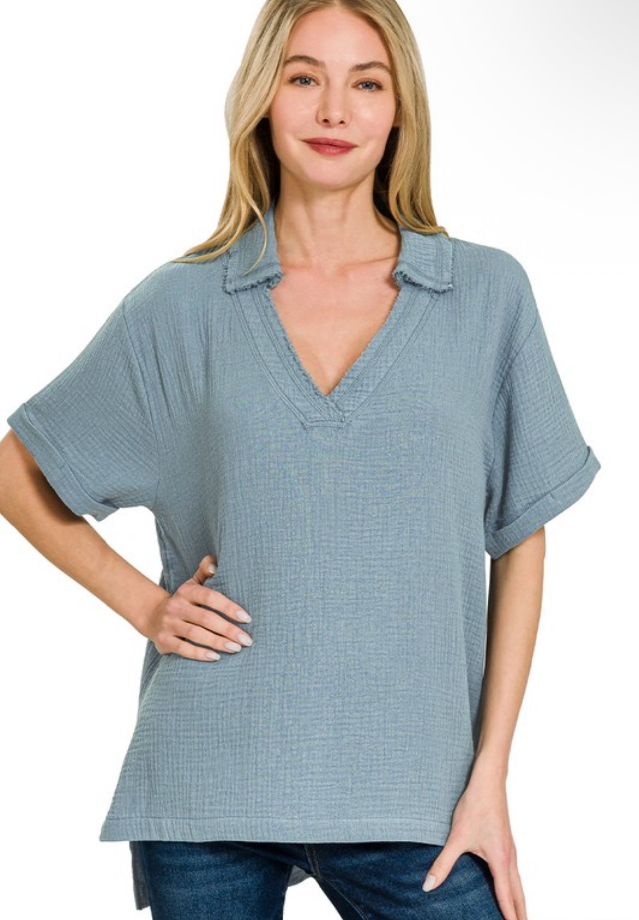 Blue Grey Double Gauze V-neck Short Sleeve Top