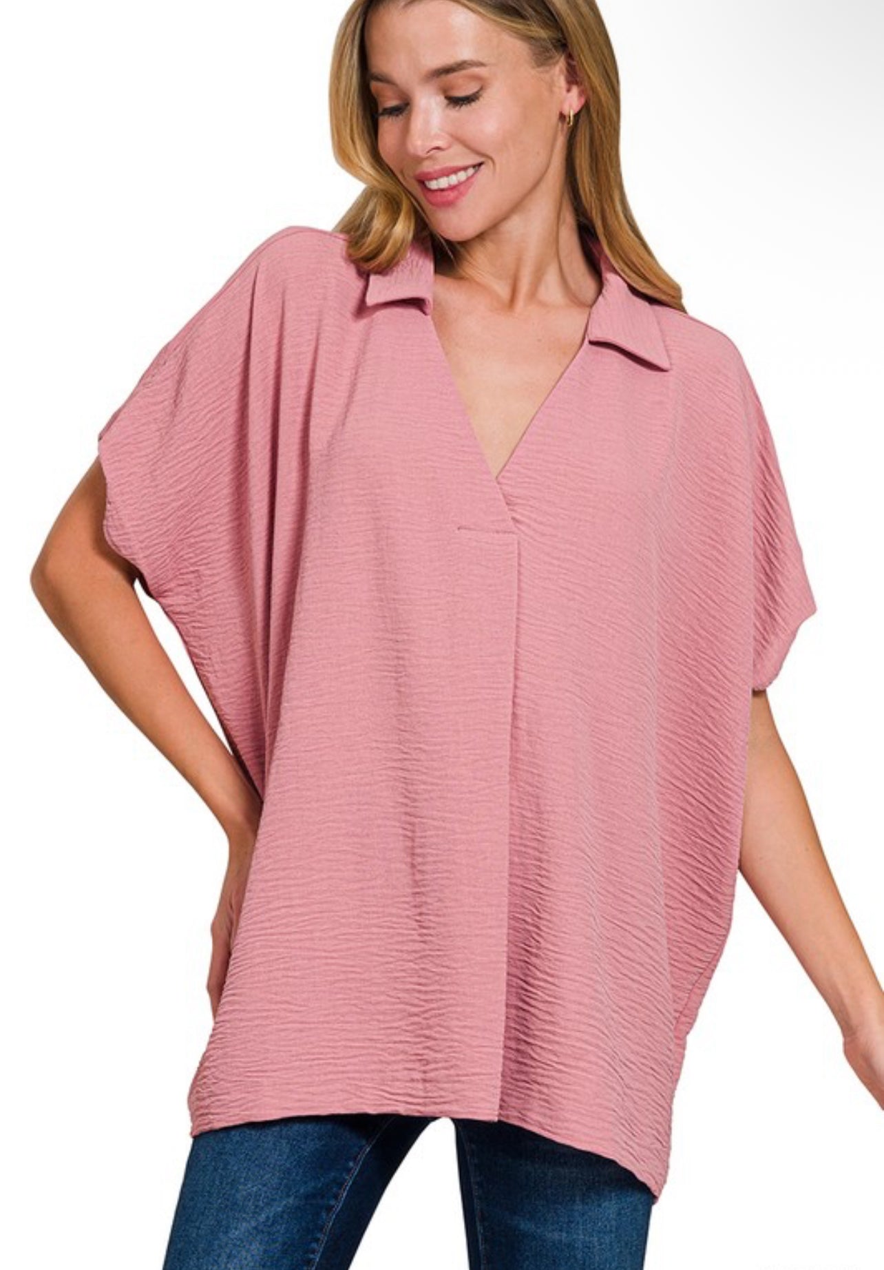 Woven Airflow Collared V-neck Short Sleeve Top