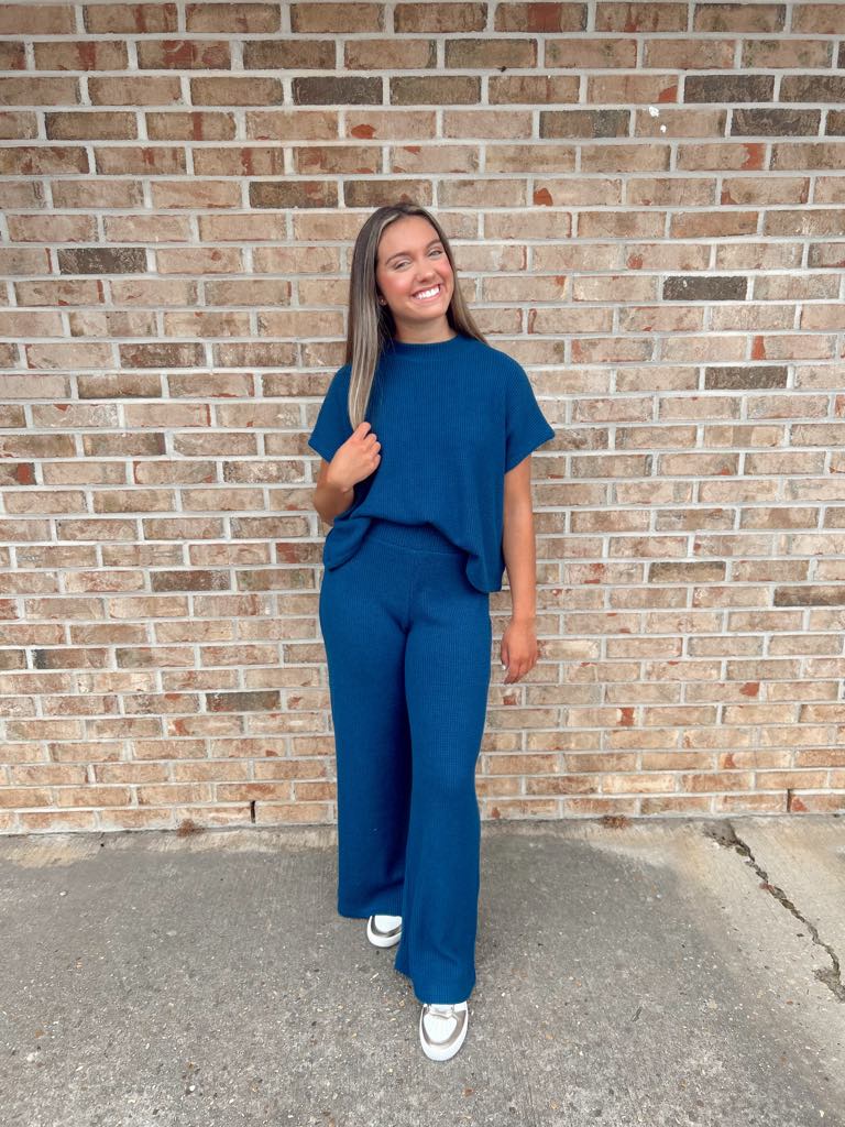 Teal Navy Sweater Boxy Top & Long Pants Set