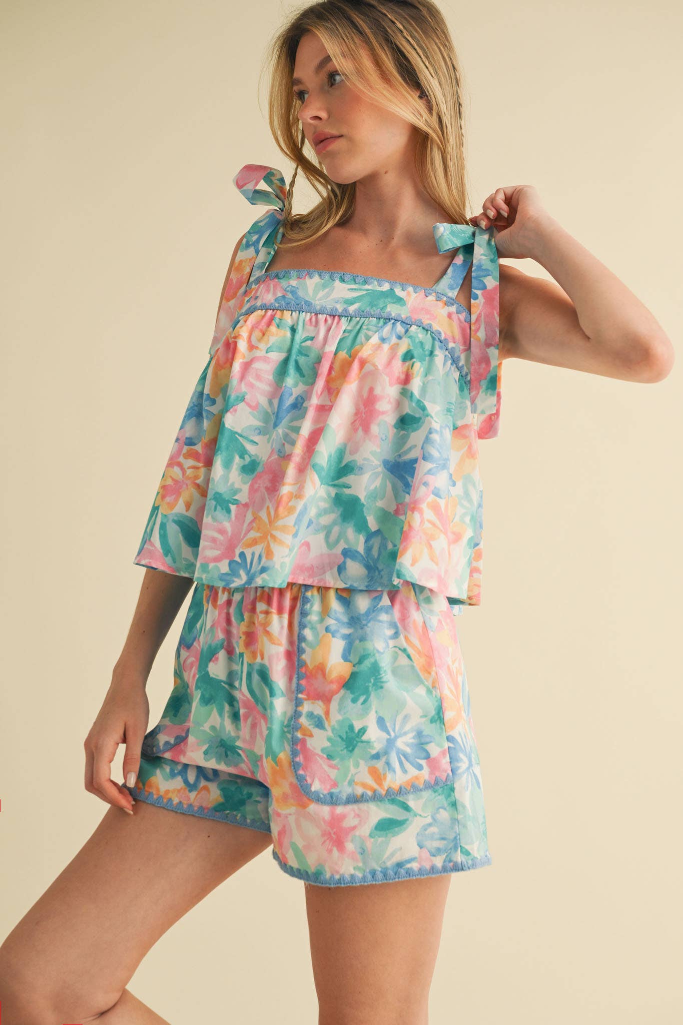 EXCLUSIVE PRT FLORAL TIE SHOULDR TOP AND SHORTS SET MPST4095