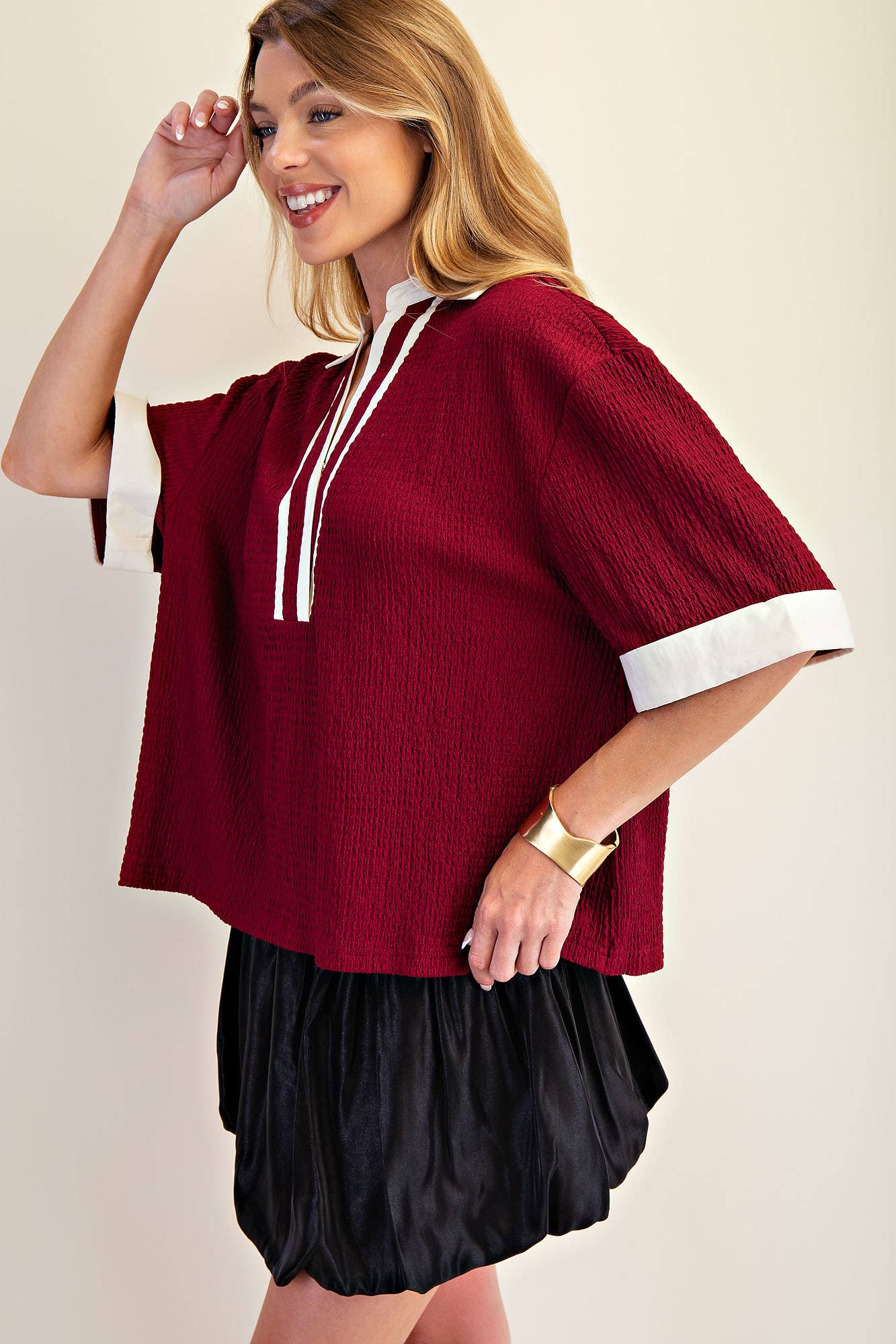 Collar V-Neck Short Sleeve Top