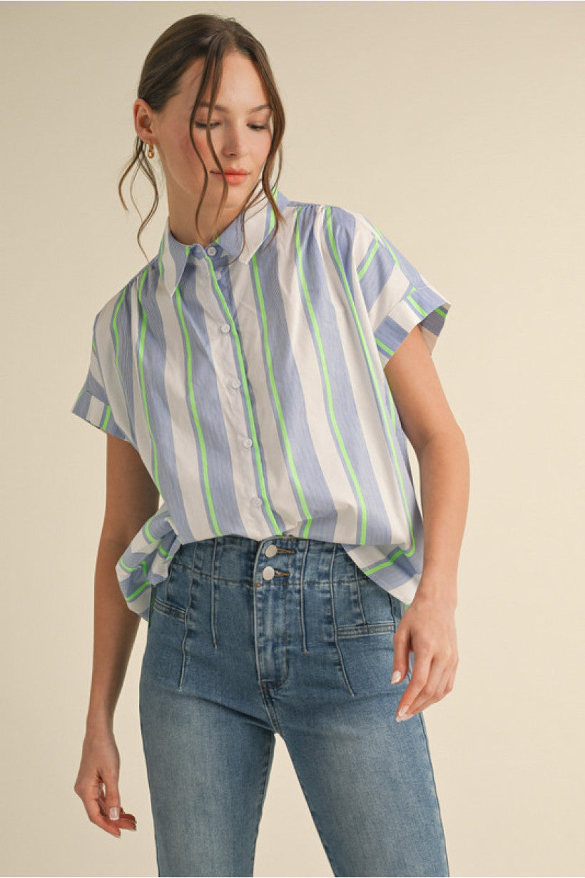PLUS Blue & Green Striped Blouse