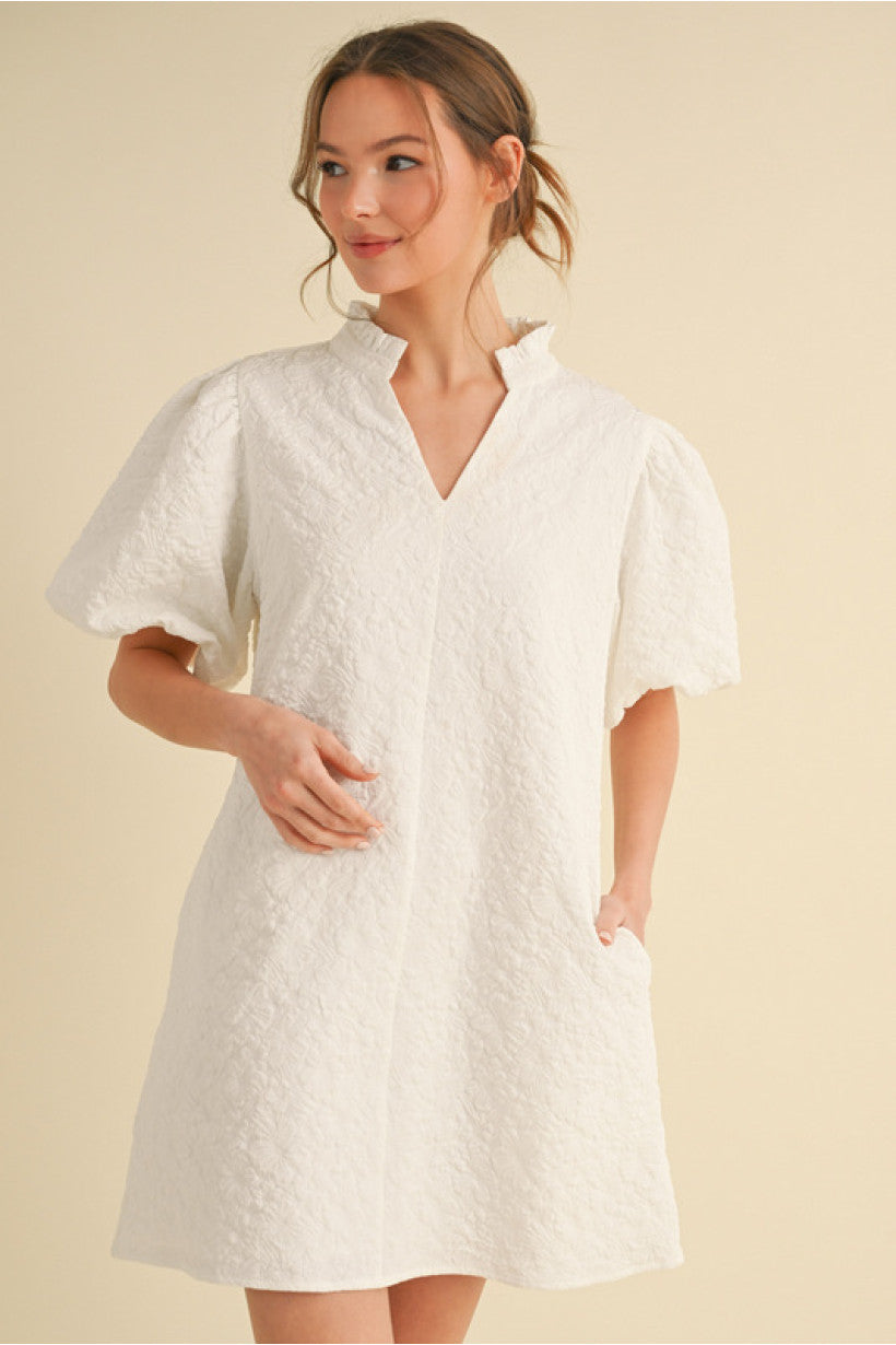 White textured Puff Sleeve Dress