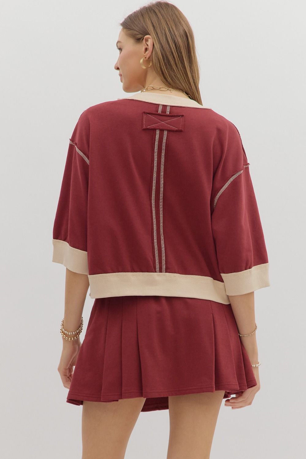 Burgundy half sleeve & pleat skirt Set