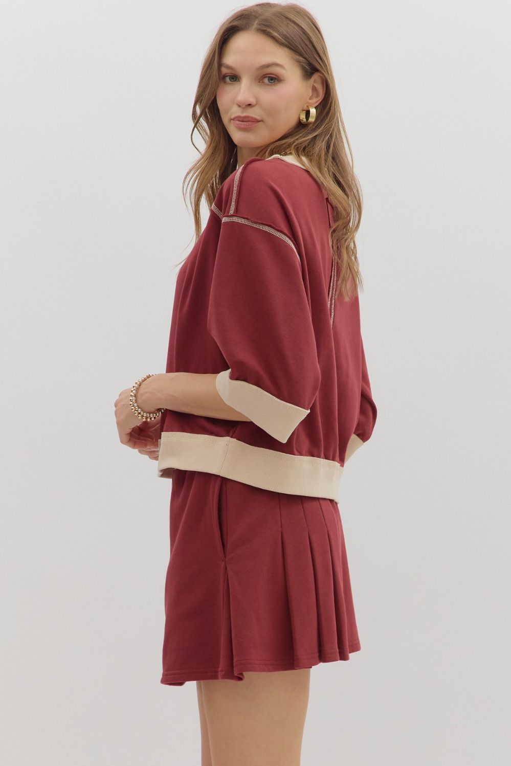 Burgundy half sleeve & pleat skirt Set
