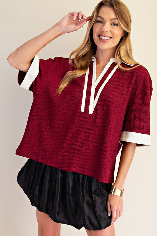 Collar V-Neck Short Sleeve Top