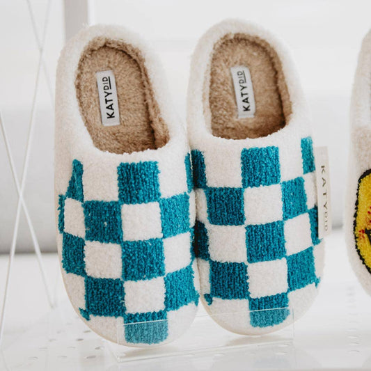 Teal Checkered Pattern Slippers