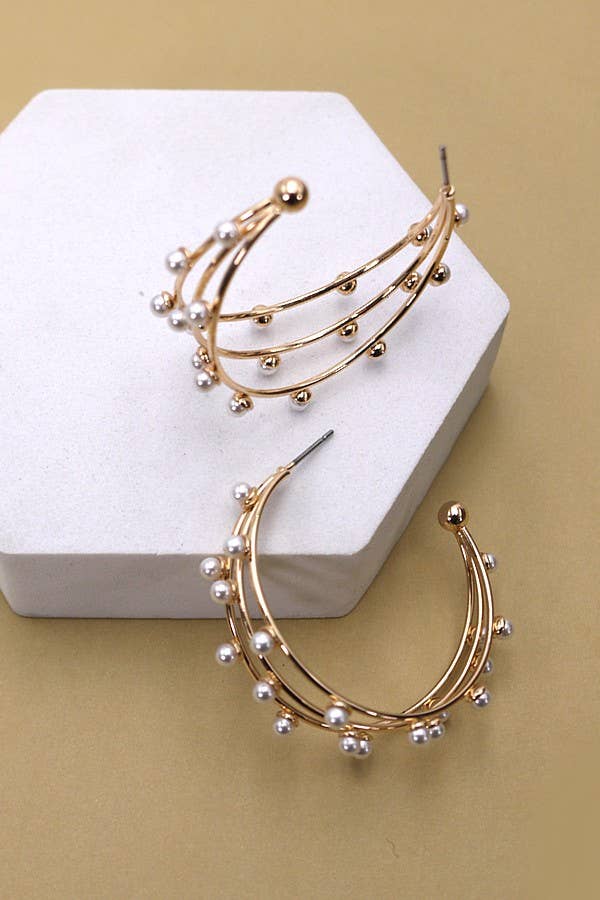 TRIPLE ROW WIRE PEARL HOOP EARRINGS  |   31E03785