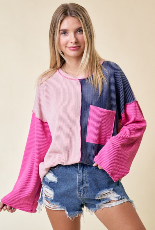 Long Sleeve Ribbed Peach/Denim/light pink Blouse