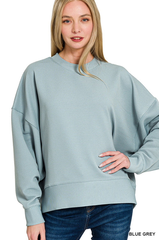 Blue Grey Ribbed Balloon Sleeve Pullover