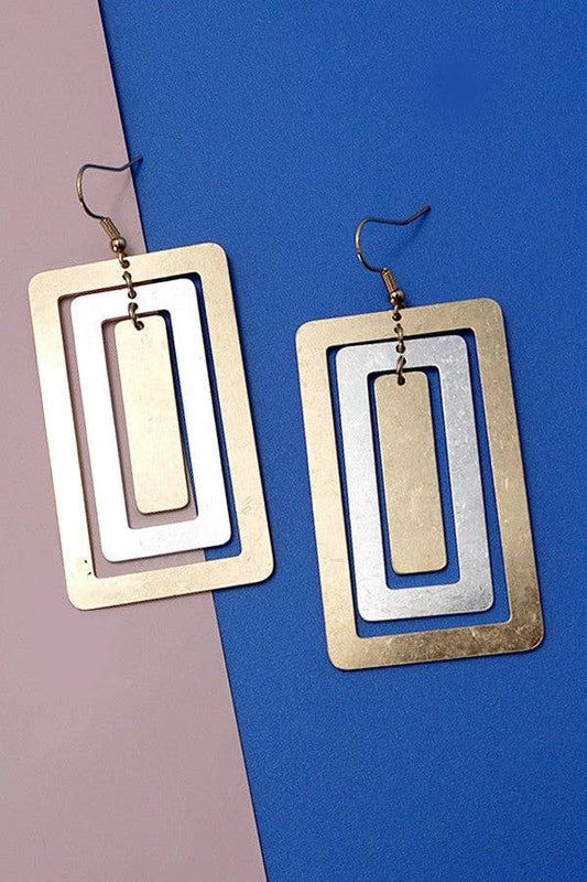 GEO TWO TONE LAYER RECTANGLE SHAPE DROP EARRINGS | 80E761