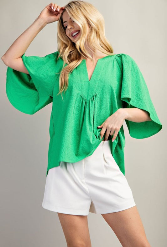 Green v neck oversized sleeve top