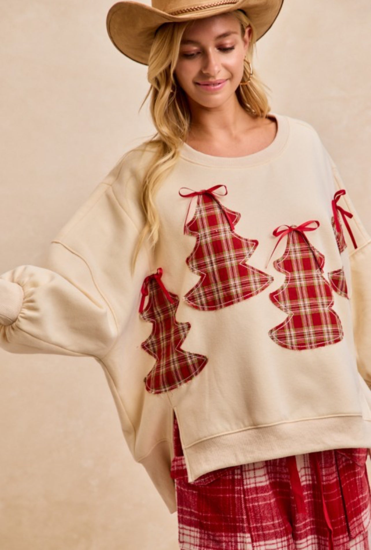 Vintage plaid tree patches top