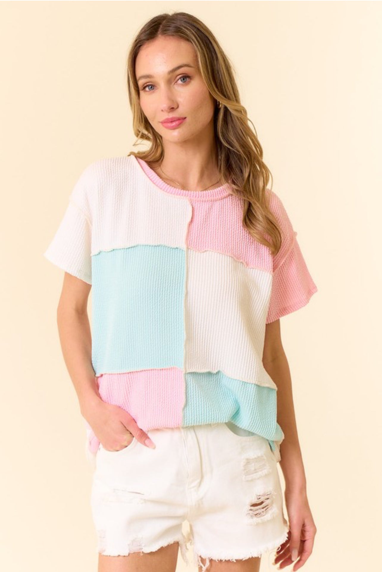 Ivory/Pink/Blue Color-block Shirt