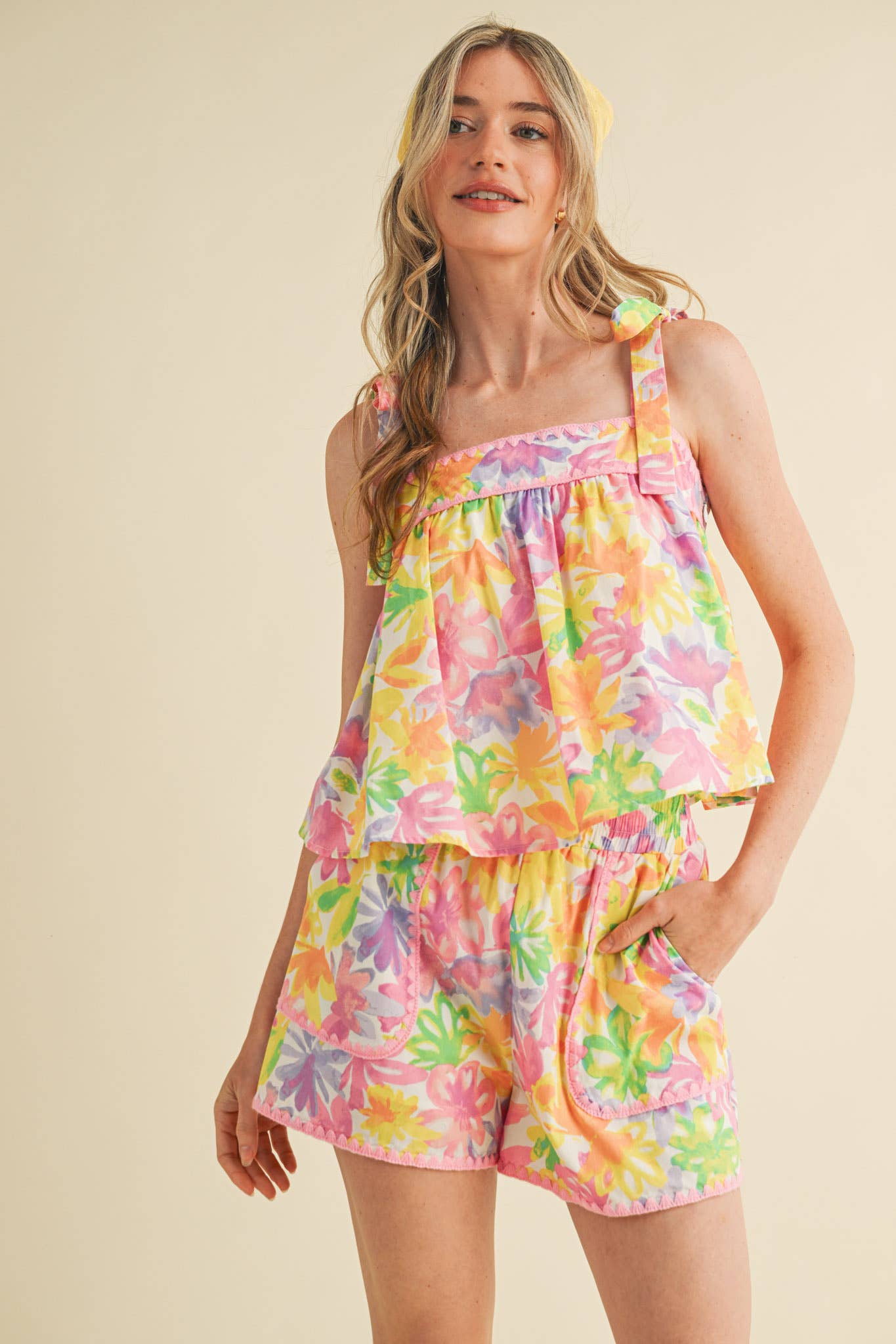 EXCLUSIVE PRT FLORAL TIE SHOULDR TOP AND SHORTS SET MPST4095