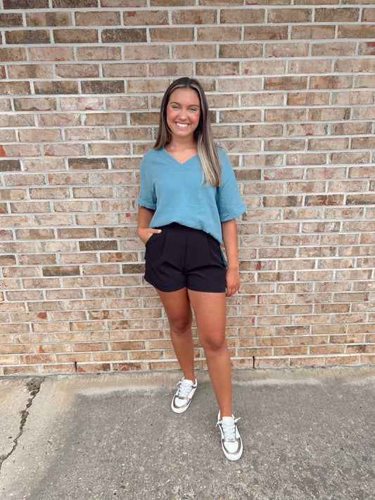Blue Grey Double Gauze V-neck Short Sleeve Top