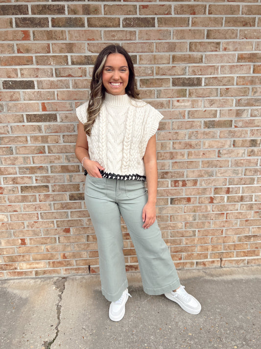 HEAVY COTTON TWILL CROPPED WIDE PANTS