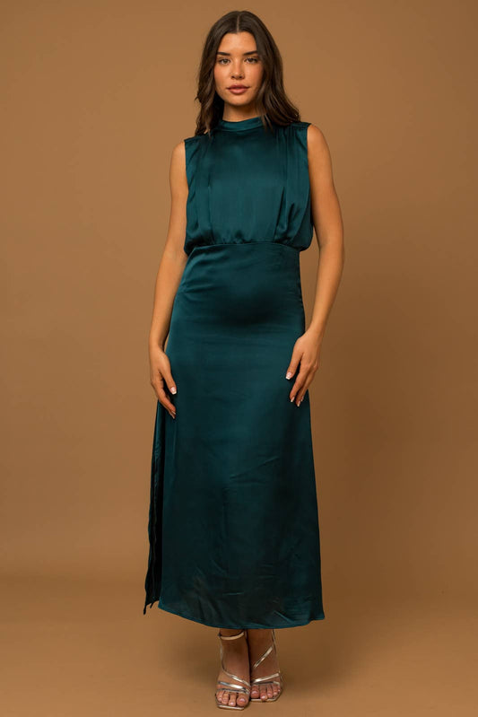 SLEEVELESS MOCK NECK PLEATED SIDE SLIT SATIN MAXI DRESS