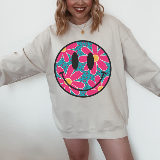 Smiley floral blue & pink T/S