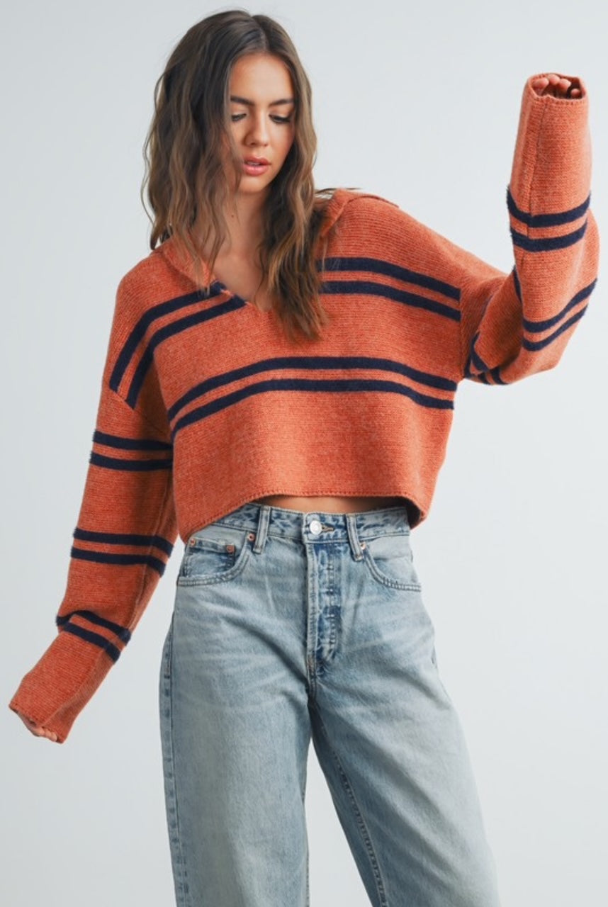 RUST & NAVY - REGULAR LENGTH - STRIPE COLLAR SWEATER TOP