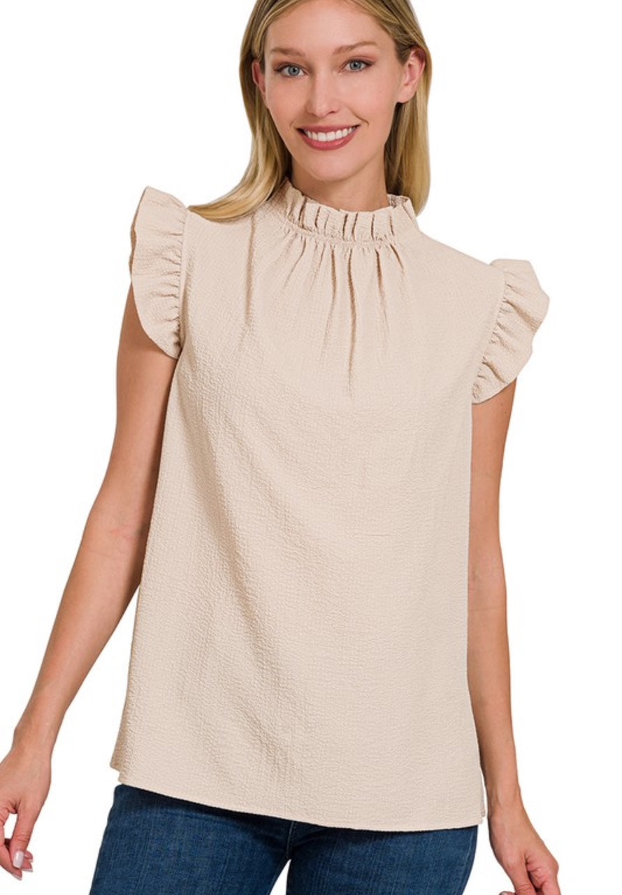 SAND BEIGE WOVEN BUBBLE AIRFLOW MOCK NECK TOP