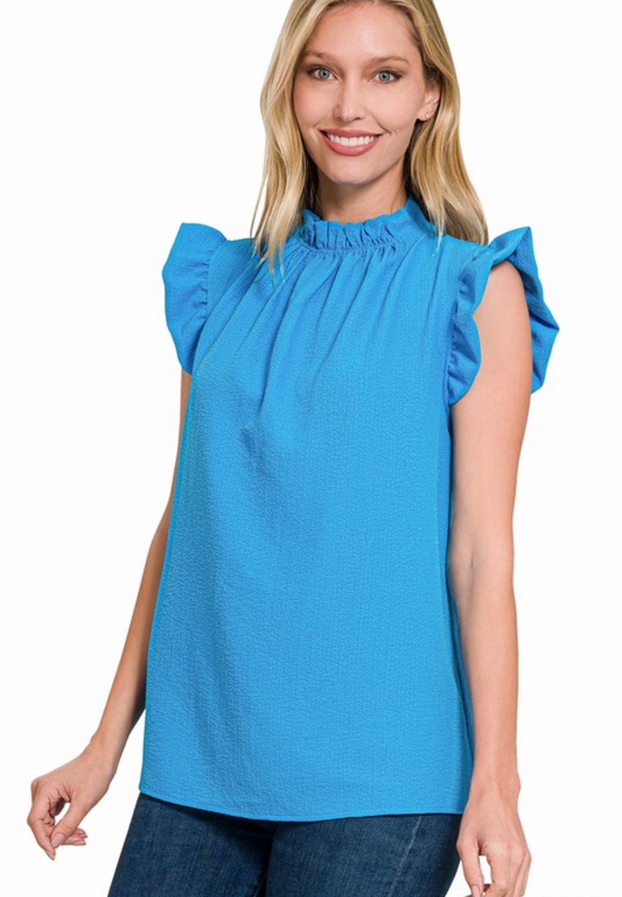 DEEP BLUE WOVEN BUBBLE AIRFLOW MOCK NECK TOP