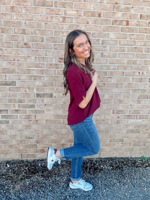 Burgundy Relaxed V-neck Solid Top