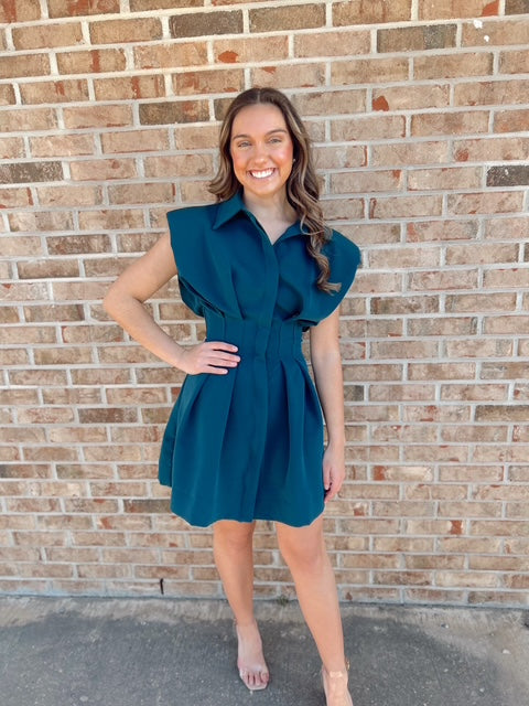 Teal Tapered-Waist Mini Dress