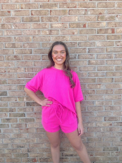 Hot Pink RIBBED ROUND NECK TOP AND SHORTS SET