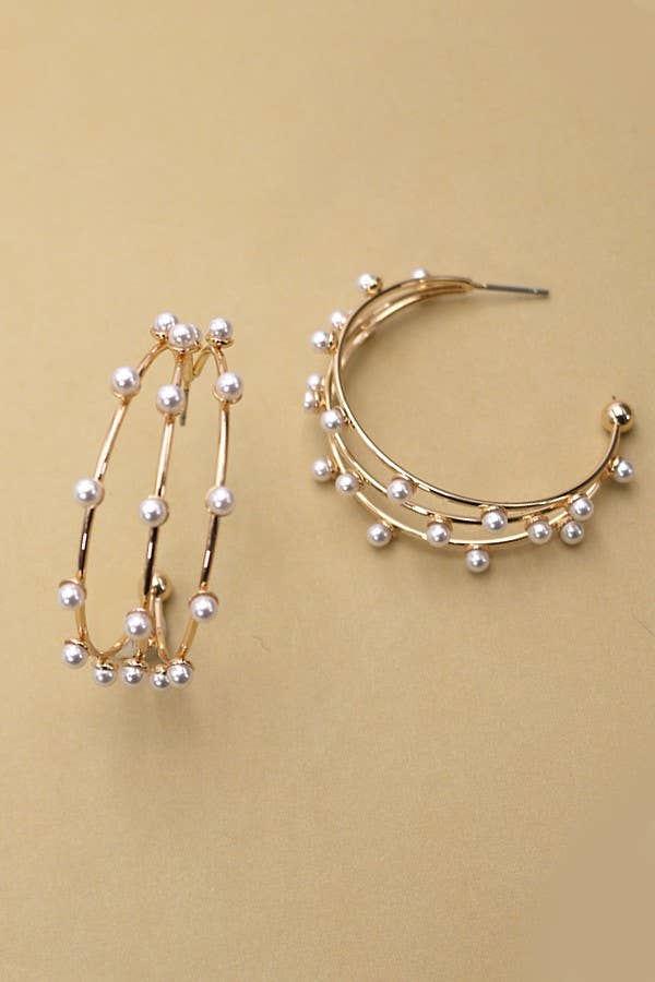 TRIPLE ROW WIRE PEARL HOOP EARRINGS  |   31E03785