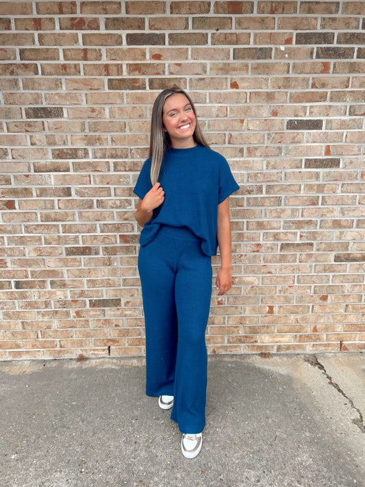 Teal Navy Sweater Boxy Top & Long Pants Set