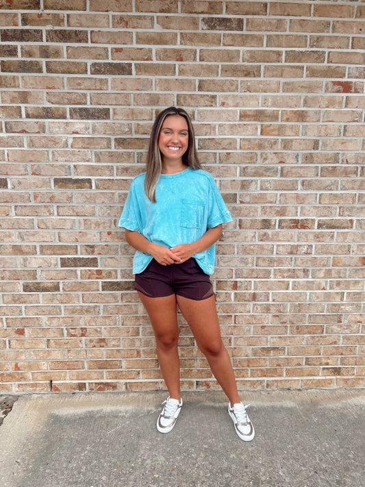Dusty Teal Acid Crinkle-washed Oversized Crop Box Tee