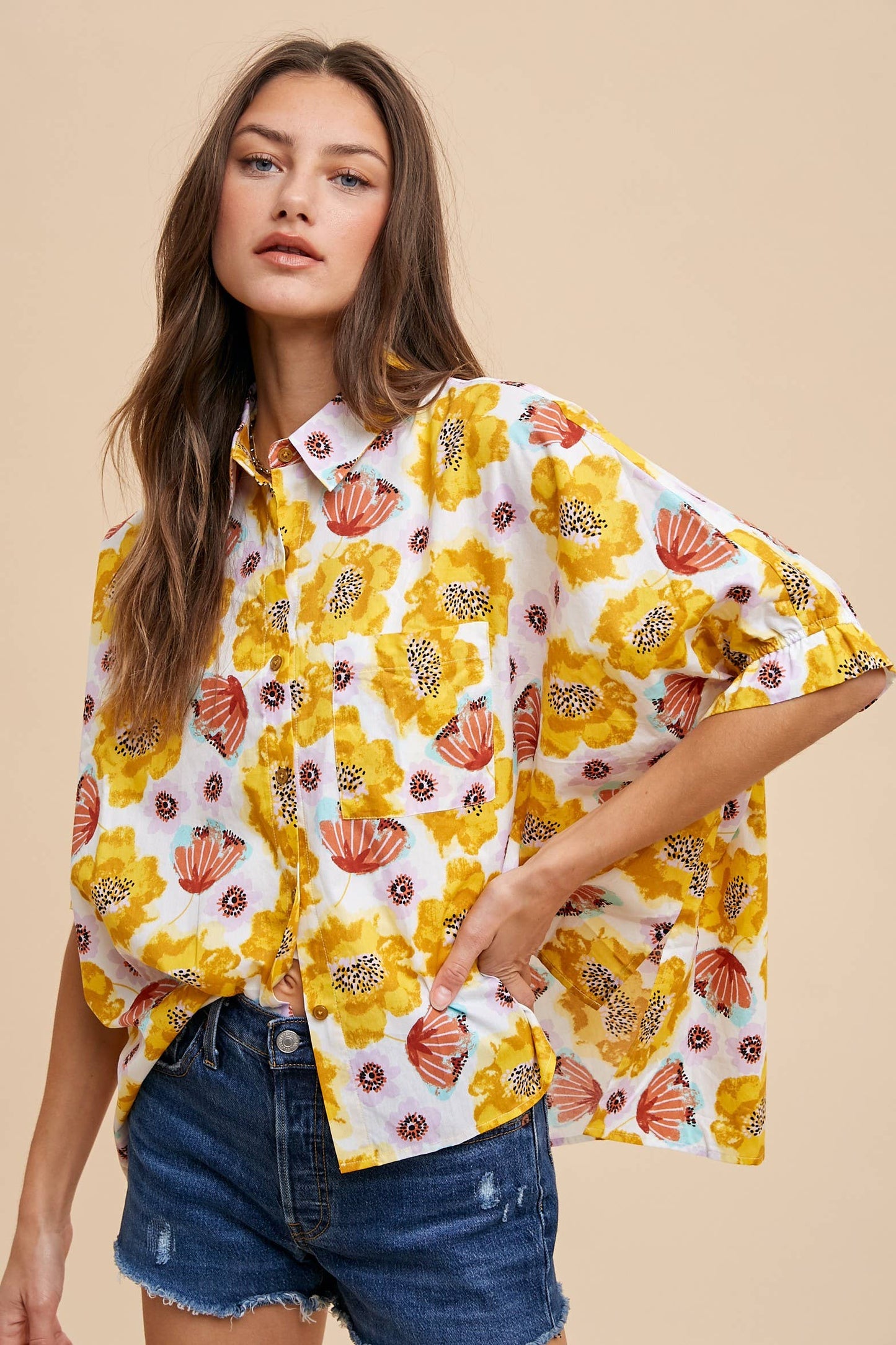 SALE FLORAL PRINTED OVERSIZED DROP SHOULDER BLOUSE_AT1225C