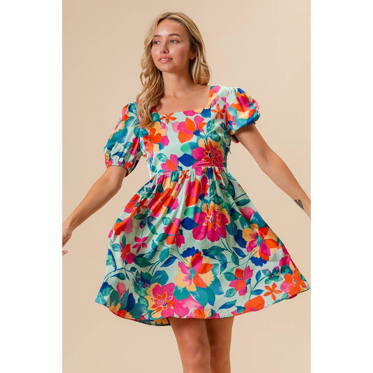 SILKY FLORAL PRINT SQUARE NECK SLEEVE DRESS