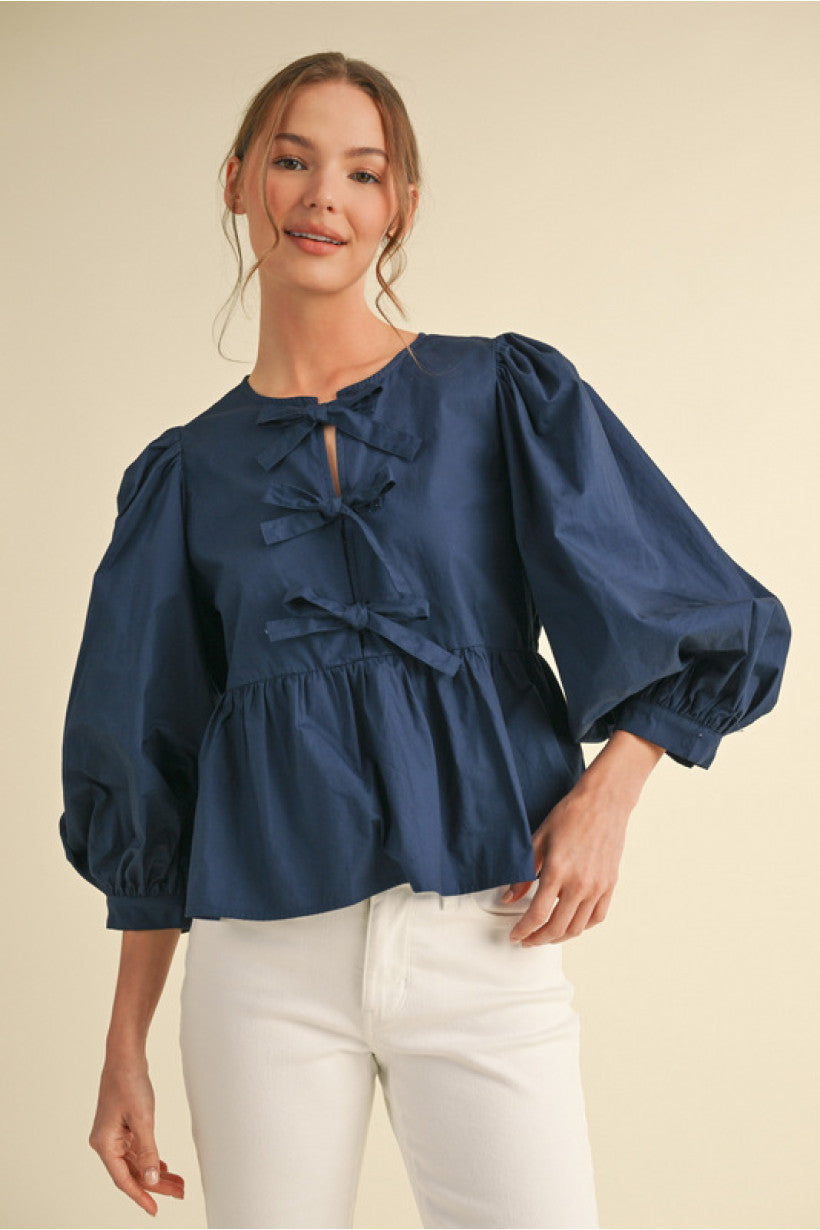 Navy Bow Top 3/4 Sleeve