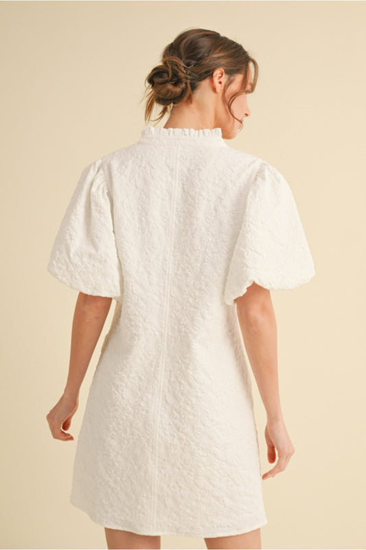 White textured Puff Sleeve Dress