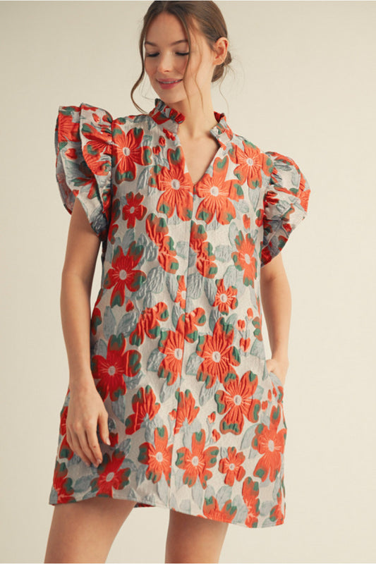 Orange Mix Ruffle Sleeve Dress